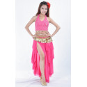 Costume de danse orientale 3 pièces jupe top et ceinture fuschia et or