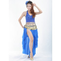 Costume de danse orientale 3 pièces jupe top et ceinture bleu roy et or