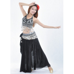 Costume de danse orientale 3 pièces jupe top et ceinture noir argenté