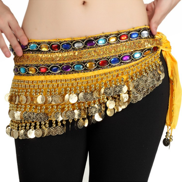 Ceinture de danse orientale jaune en velours à sequins doré