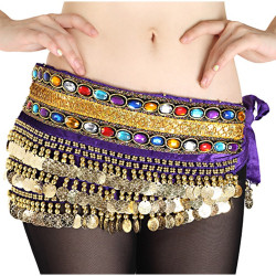 Ceinture de danse orientale violet en velours à sequins dorés