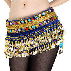 Ceinture de danse orientale bleu roy en velours à sequins dorés