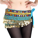 Ceinture de danse orientale turquoise en velours à sequins dorés
