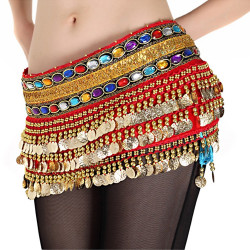 Ceinture de danse orientale rouge en velours à sequins dorés