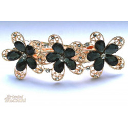 Barrette à cheveux trio de fleurs noire et or