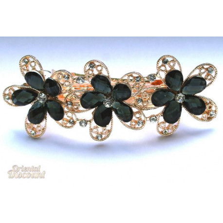 Barrette à cheveux trio de fleurs noire et or