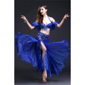 Costume de danse orientale 3 pièces bleu nuit à paillettes argent