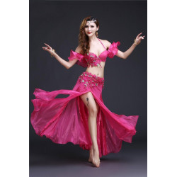 Costume de danse orientale 3 pièces fuschia à paillettes argent