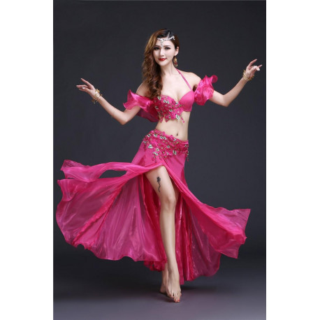 Costume de danse orientale 3 pièces fuschia à paillettes argent
