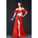 Costume de danse orientale 3 pièces rouge à paillettes argent