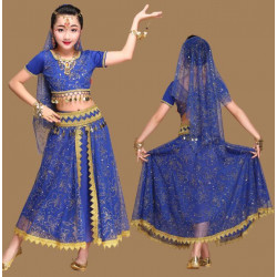 Costume de danse indienne enfant 2 pièces bleu royal et or
