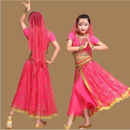 Costume de danse indienne enfant 2 pièces rose et or