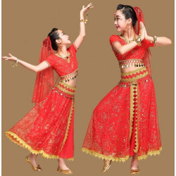 Costume de danse indienne enfant 2 pièces rouge et or