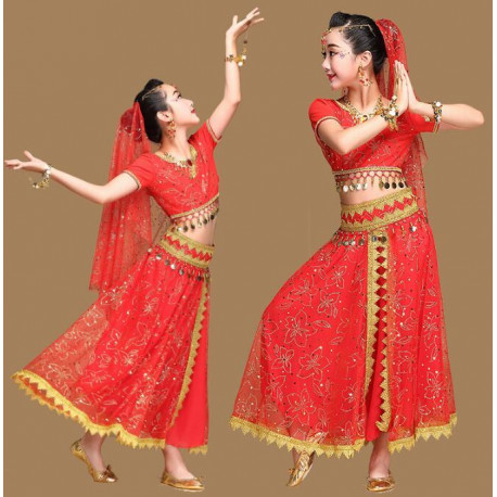 Costume de danse indienne enfant 2 pièces rouge et or
