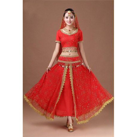Costume de danse indienne adulte 2 pièces rouge et doré