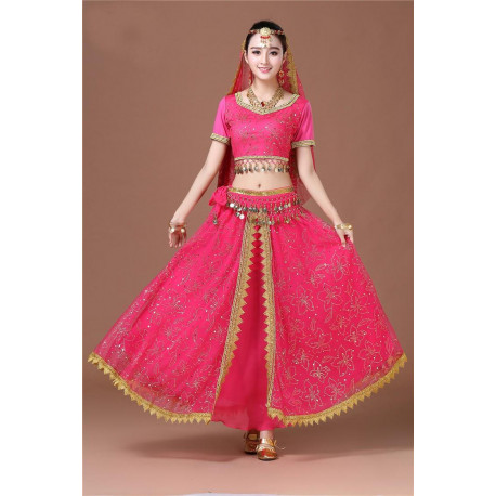 Costume de danse indienne adulte 2 pièces fuschia et doré