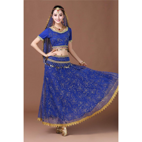 Costume de danse indienne adulte 2 pièces bleu et doré