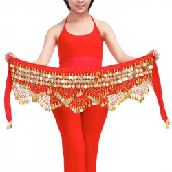 Foulard de danse orientale rouge à piécettes or 