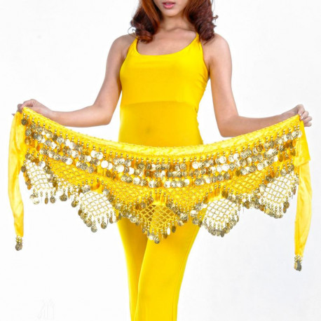 Foulard de danse orientale jaune à piécettes dorées