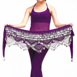 Foulard de danse orientale violet foncé à piécettes argent