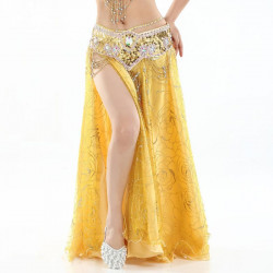 Jupe satin ouverte de danse orientale et tulle jaune