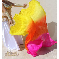 Paire de fan veil en soie ourlés jaune orange violet