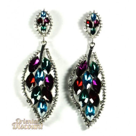 Boucles d'oreilles fantaisie feuille strass multicouleurs
