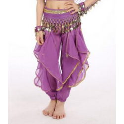 Pantalon enfant de danse orientale à voiles et grelots violet
