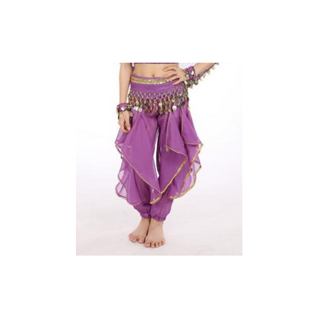 Pantalon enfant de danse orientale à voiles et grelots violet