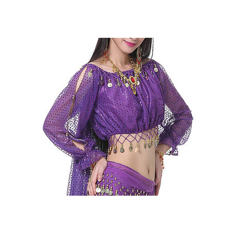 Brassière de danse orientale à paillette à manches longues violette 
