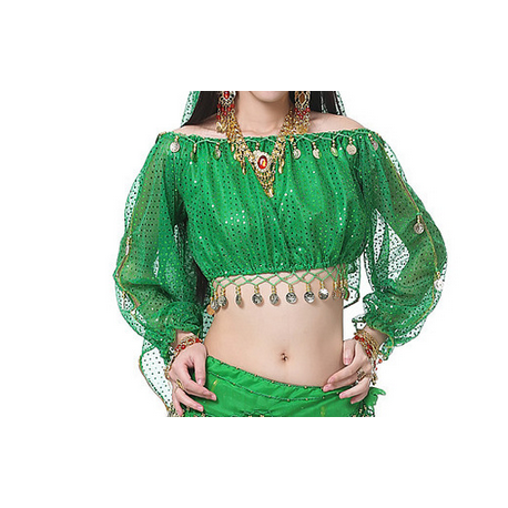 Brassière de danse orientale à paillette à manches longues vert foncé
