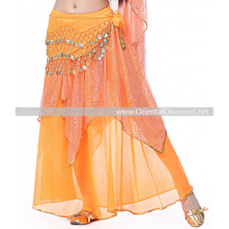 Jupe de danse orientale à pans et paillettes orange