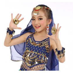 Top enfant de danse orientale à grelots et pastilles dorées bleu nuit