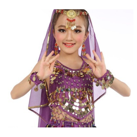 Top de danse orientale fille à grelots et pastilles dorées violet