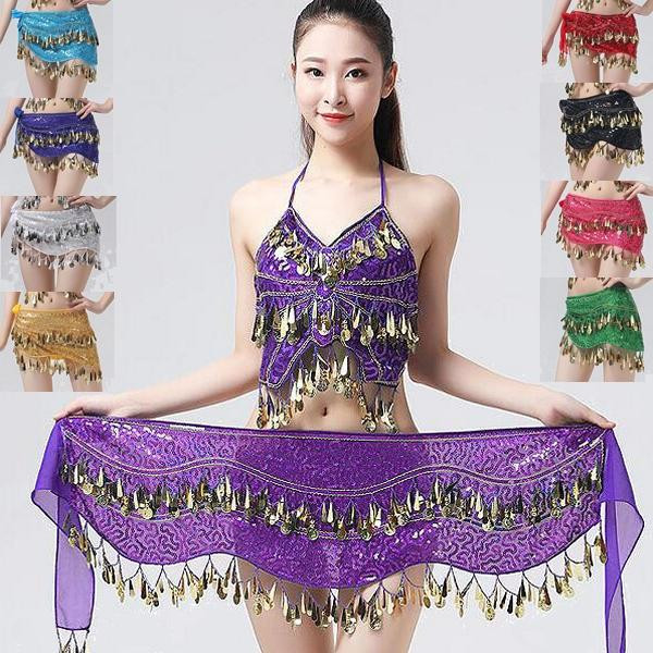 Ceinture de danse orientale verte à sequins or - 4,90 €