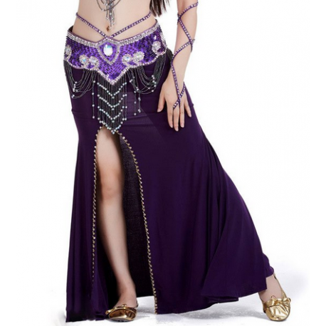 Jupe de danse orientale droite fendue violet doré 