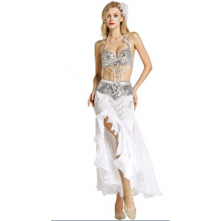 Tenue de scène de danse orientale compléte couleur blanc et argent