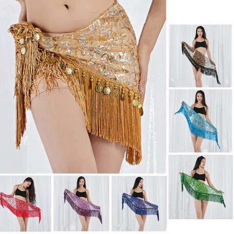 Ceinture de danse orientale triangle à franges et sequins dorés