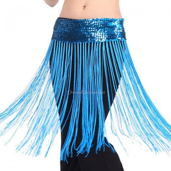 Ceinture de danse orientale bleu clair à sequins dorés et pastilles