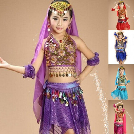 Costume De Danse Orientale Enfant 5 Pièces - Haut, Pantalon, Voile, Jupe Paillettes, Chaîne - Idéal Spectacle, Fête, Carnaval