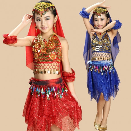 Lot De 5 Pantalons De Danse Orientale Avec Chaîne De Taille Et Bracelets - Jupe à Paillettes - Costume Arabe Bollywood Pour Enfants