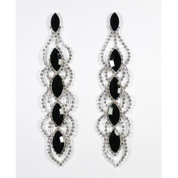 Boucles d'oreilles longues strass argenté noir et pierre strass