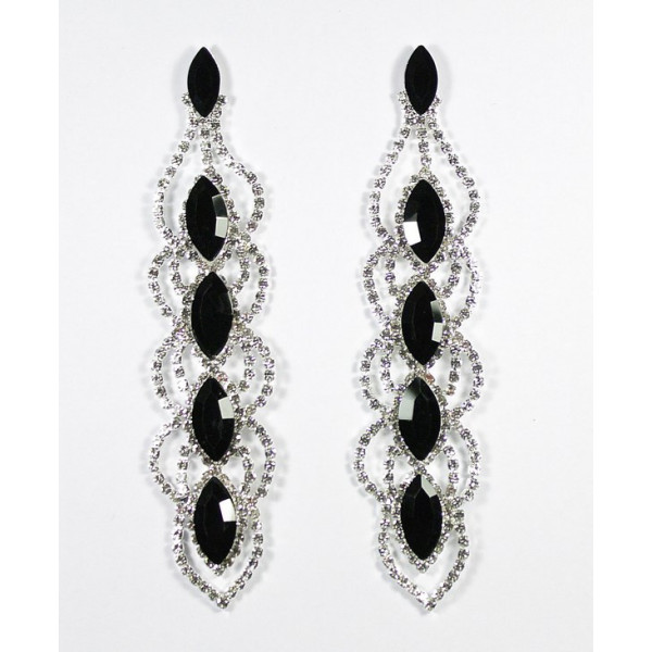 Boucles d'oreilles longues strass argenté noir et pierre strass