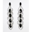 Boucles d'oreilles longues strass argenté noir et pierre strass