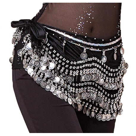 Ceinture de danse orientale en velours à sequins argentés noir et liseret