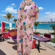 Robe longue orientale fleurs et pompons fluos