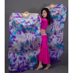 Fan veil de danse Tie dye bleu ciel violet pure soie