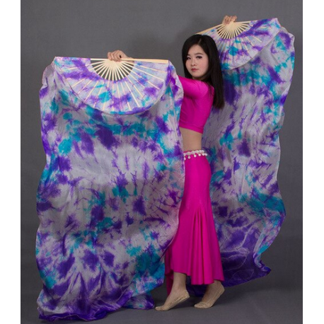 Fan veil de danse Tie dye bleu ciel violet pure soie