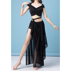 Costume de danse orientale 2 pièces noir jupe voilée scintillante