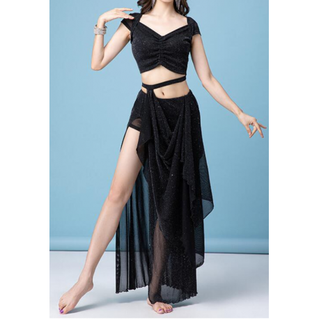 Costume de danse orientale 2 pièces noir jupe voilée scintillante
